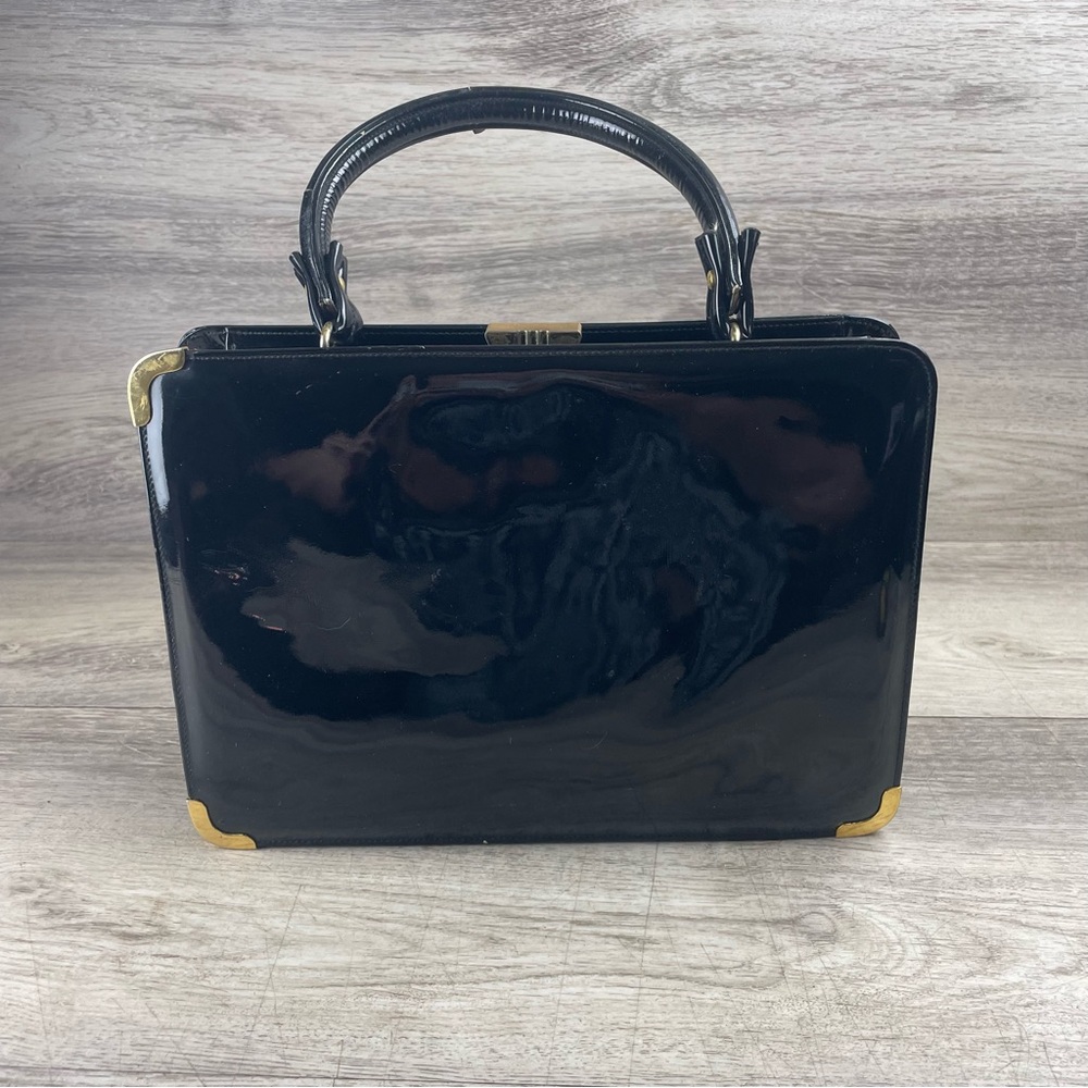 RARE VINTAGE 1950-1960s Mark Cross Frame Hand Bag Black Leather Exterior